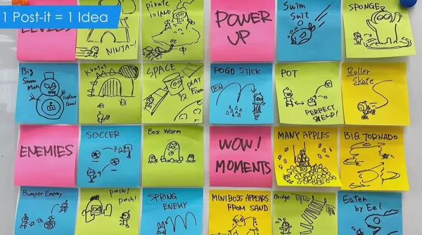 Otra diapositiva de la charla, que muestra una lluvia de ideas de Note pegajoso del Equipo Asobi.
