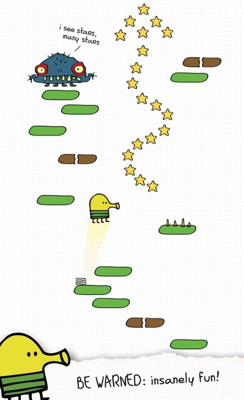 Captura de pantalla de Doodle Jump en acción: el garabato salta junto a un alienígena.