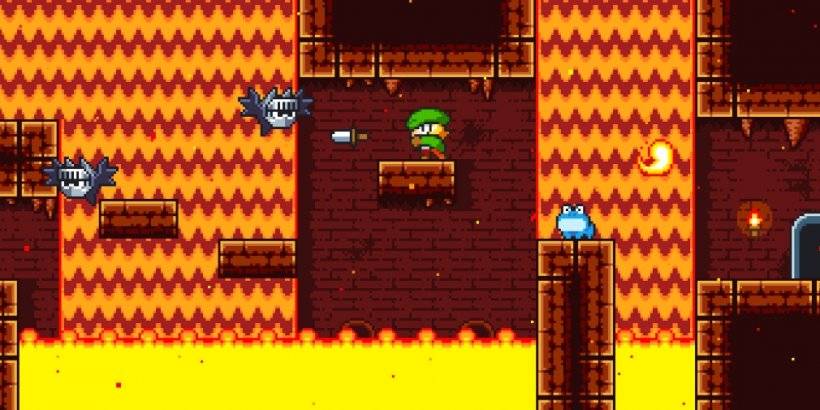 L'eroe pericoloso pericoloso dungeon lancia un coltello a una mazza mentre la lava scorre sullo sfondo