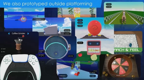 Otra diapositiva de la charla que muestra varias actividades prototipo que se hicieron para Astro Bot.