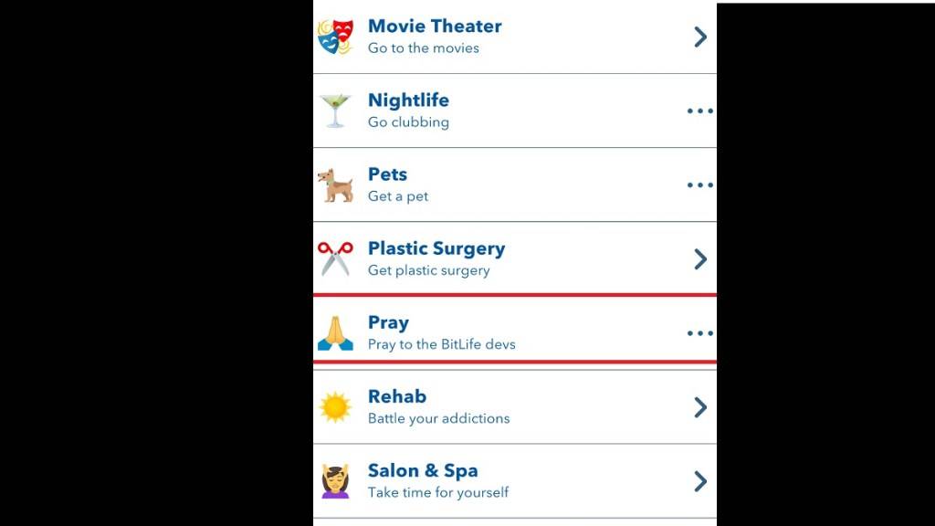 Opzione per pregare nel menu dell'attività Bitlife