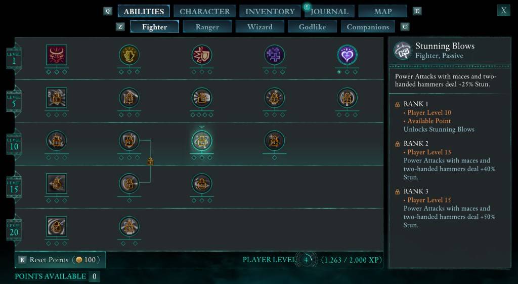 Imagen que muestra la pantalla de Habilidades en Avowed como parte de una guía sobre cómo reiniciar personajes en el juego.