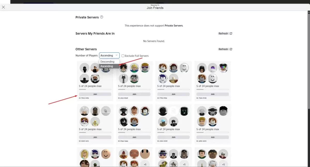 Menu ng pagpili ng server ng Roblox Blockspin